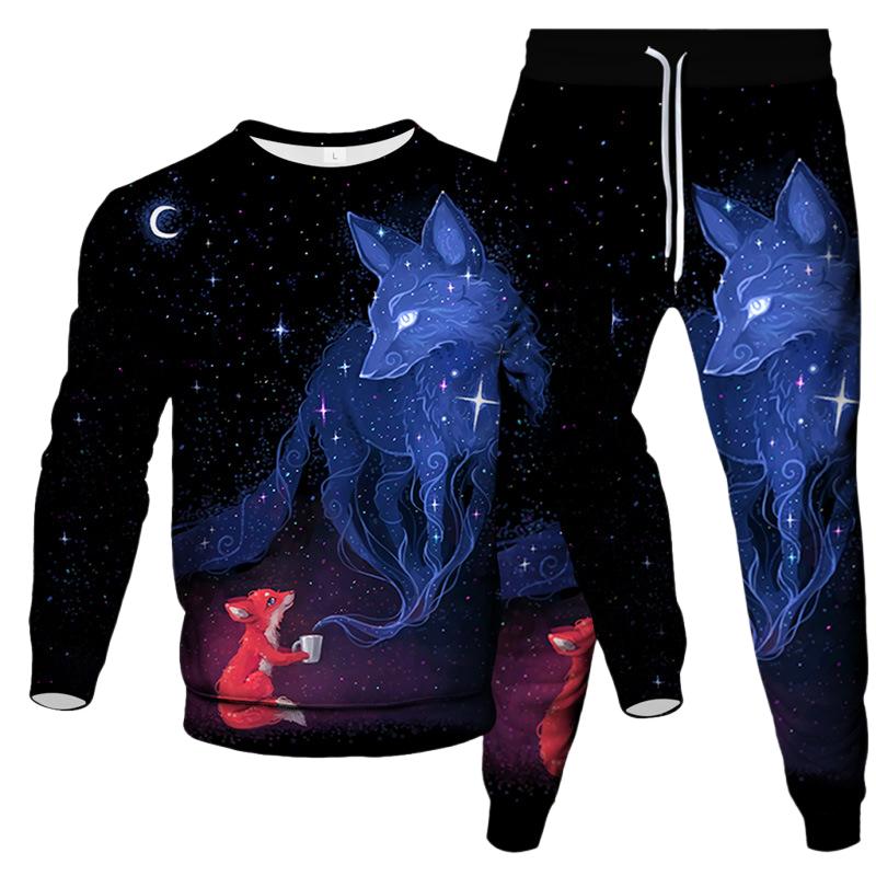 Spring Autumn Dazzle Wolf 3D Print Sportswear Set Casual T Shirt Pants 2-Piece Set Oversize Pullover Hip Hop Unisex Clothing
