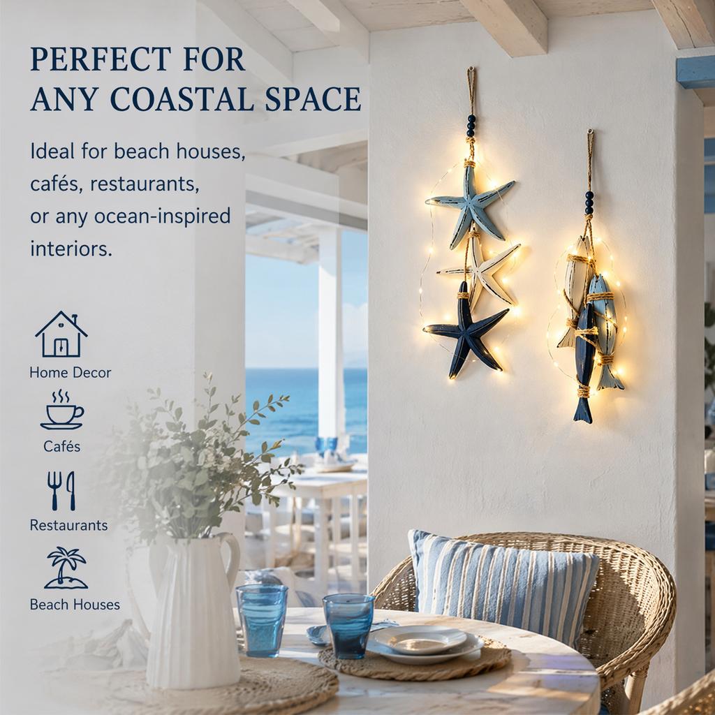 Coastal Beach Starfish Fish Wall Decor Hanging Ornament with Built-in Warm Light Home Art Piece