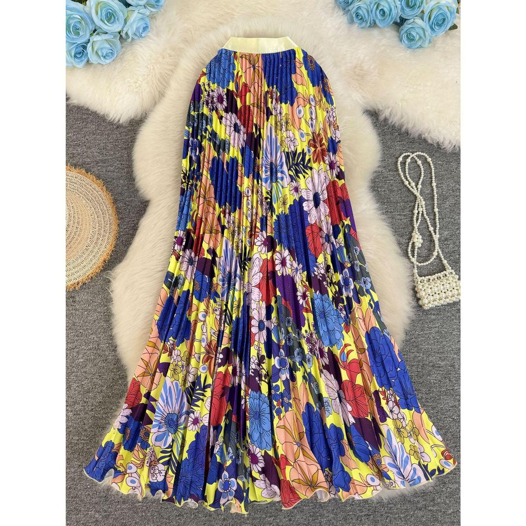 Women's 3D Print Pleated A-line Midi Skirt