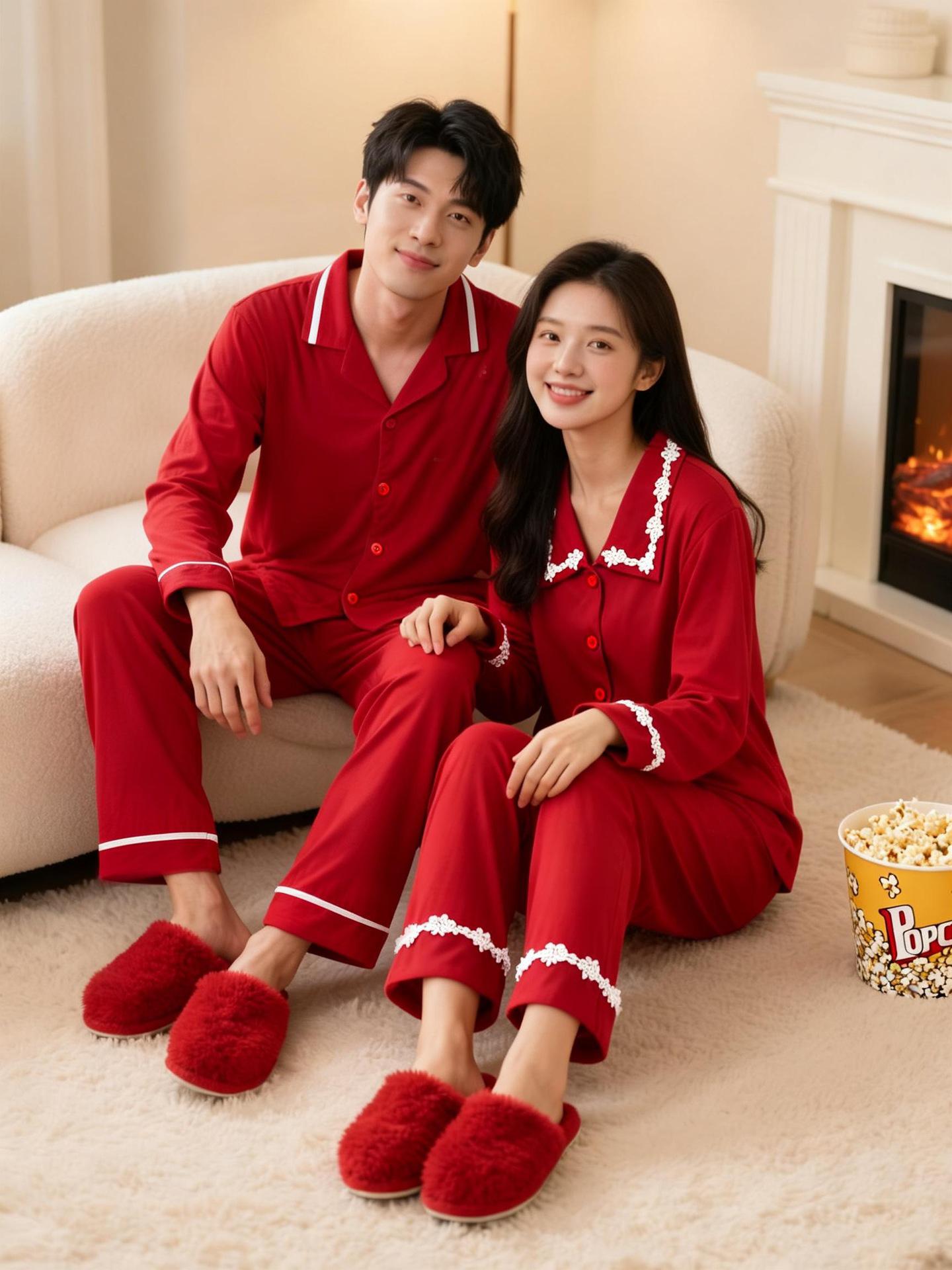

Red Ice Silk Couple Pajamas Set: Women s Zodiac, Wedding & Newlyweds, Long Sleeve Home Wear M