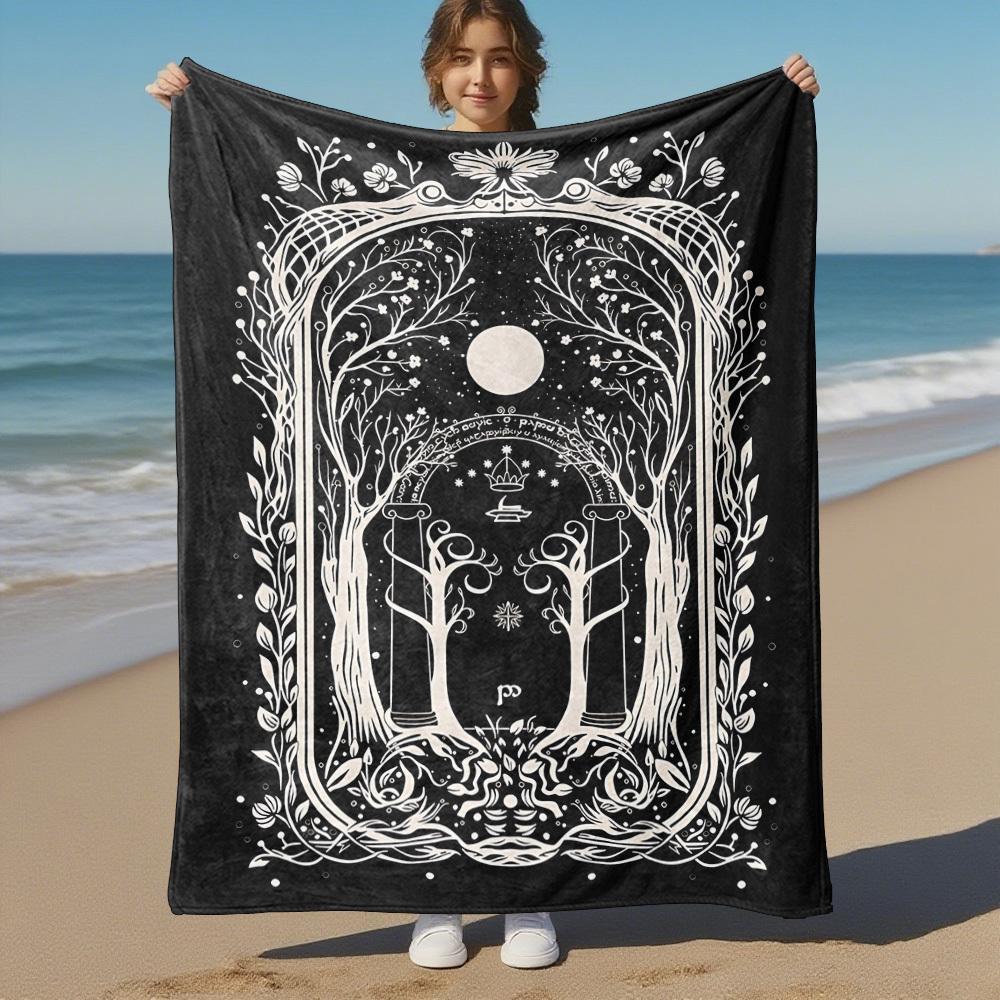 1pc Moon, Trees, Gate  - Throw Blanket, Soft, Flannel Blankets, Living Room,  All Seasons Use-1021152 75X95CM