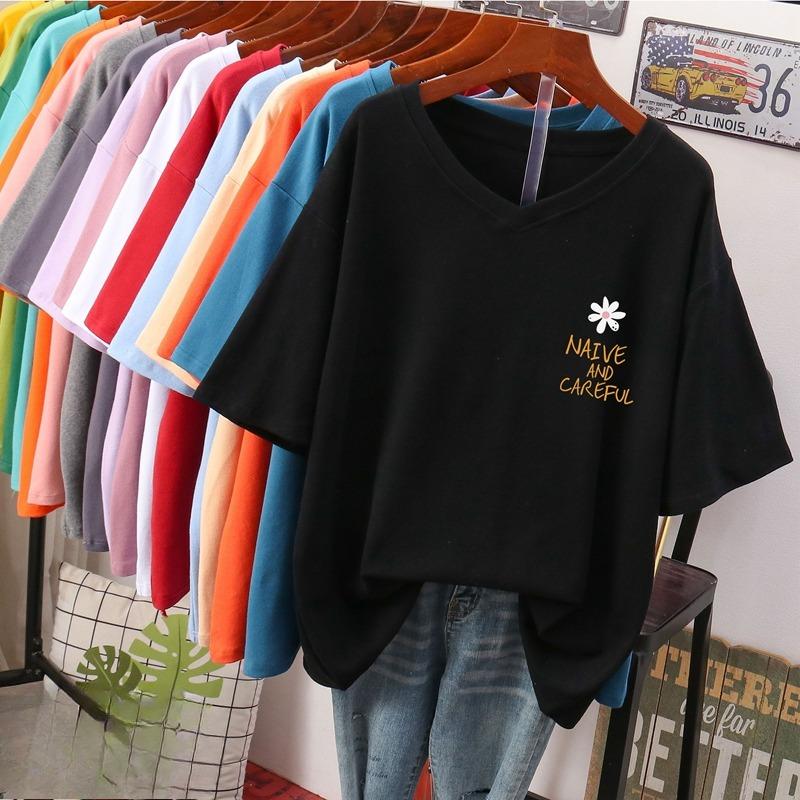 

Футболка с коротким рукавом, Свободного кроя, Приталенный топ с V-образным вырезом с принтом для женщин 4XL