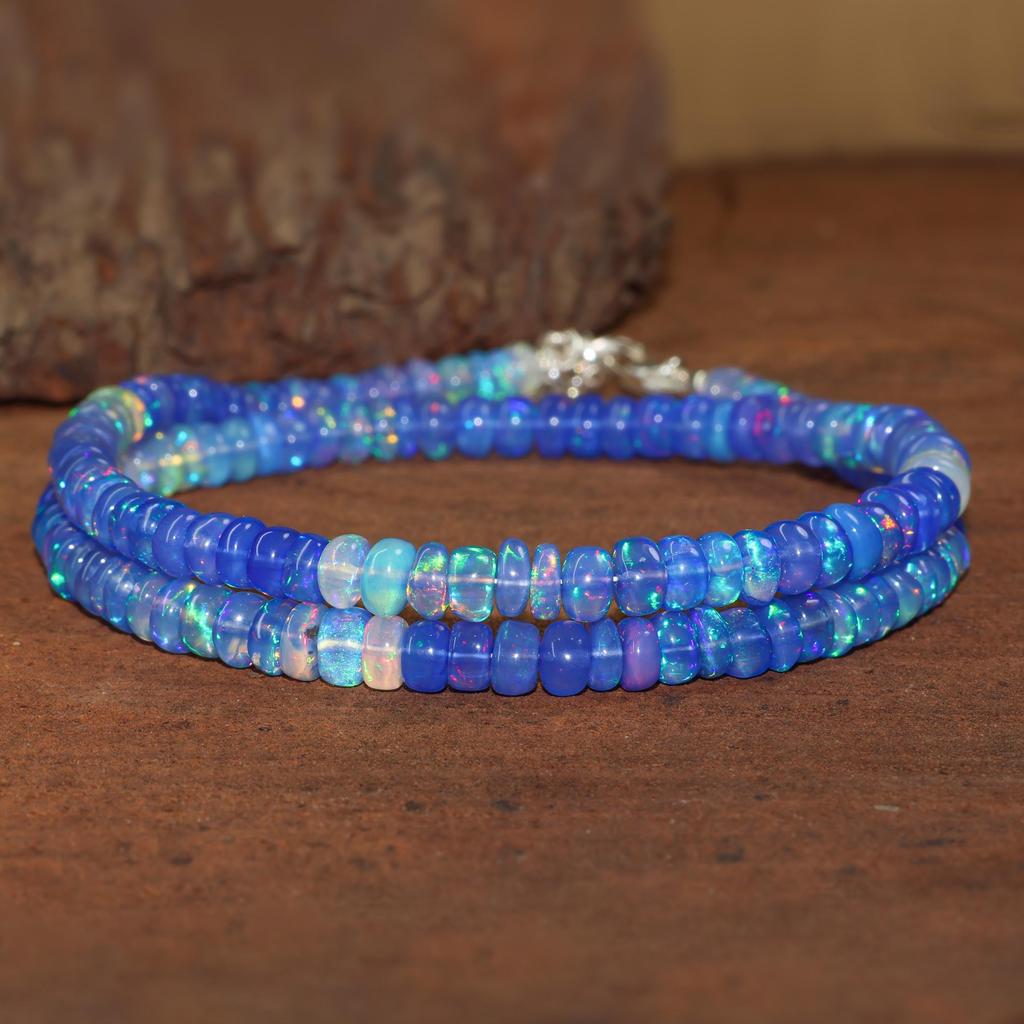 Natural Blue Opal Gemstone Dainty Beaded Necklace, Ethiopian Opal Handmade Necklace, Birthstone Necklace, Minimalist Necklace, Gift for Her