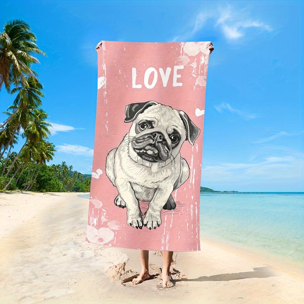 Oversized Love Dog Beach Towel - Ultra-Soft Microfiber Quick-Dry Sand-Free, Cartoon Pug & Geometric Floral Pattern