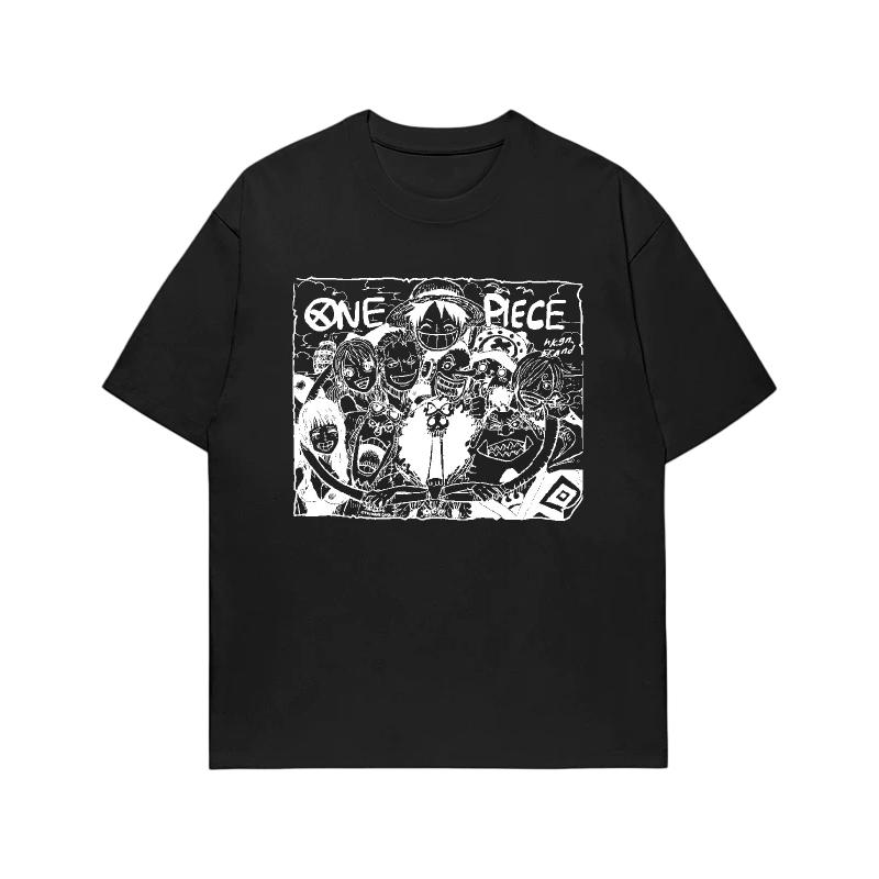 One Piece Straw Hat Crew Manga Sketch Retro TShirt Men Women Vintage Cotton Anime Tee Casual Loose Crew Neck Top
