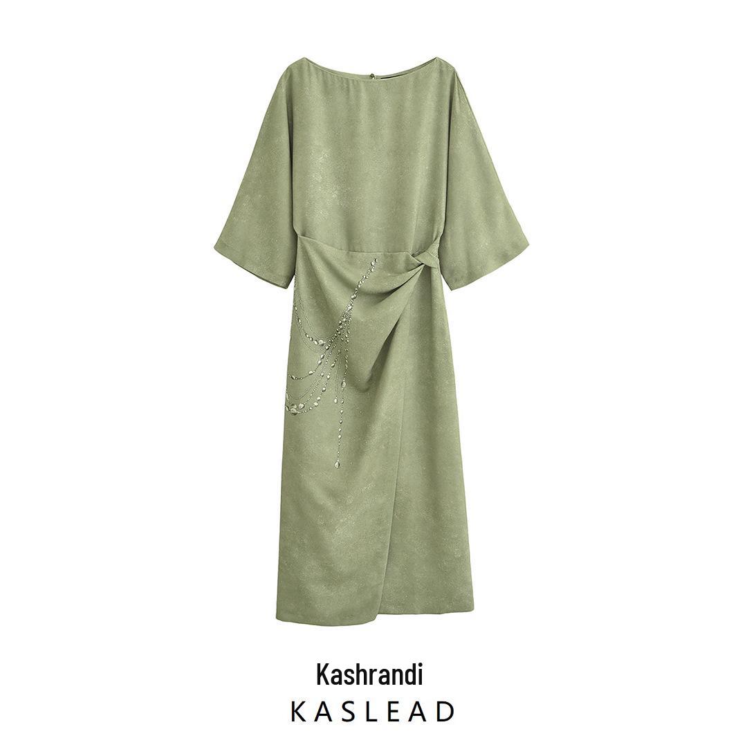 

2025 Spring Women s European & American Chain Print Wide Collar Midi Dress M