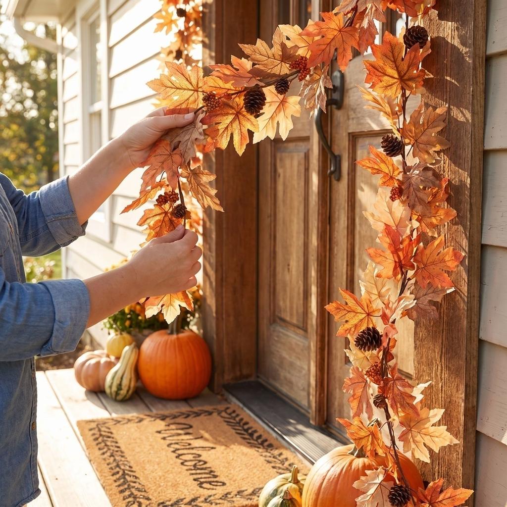 Artificial Maple Leaf Garland for Fall Thanksgiving Decor - Faux Wreath for Front Door Hanging