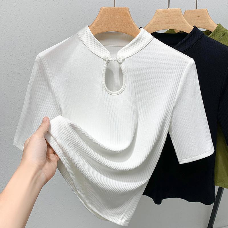 Tričko se středním rukávem Dámské Nové Dámské Oblečení Stojáček Přezka Jednobarevné Tričko s polovičním rukávem Retro Nový čínský top do pasu