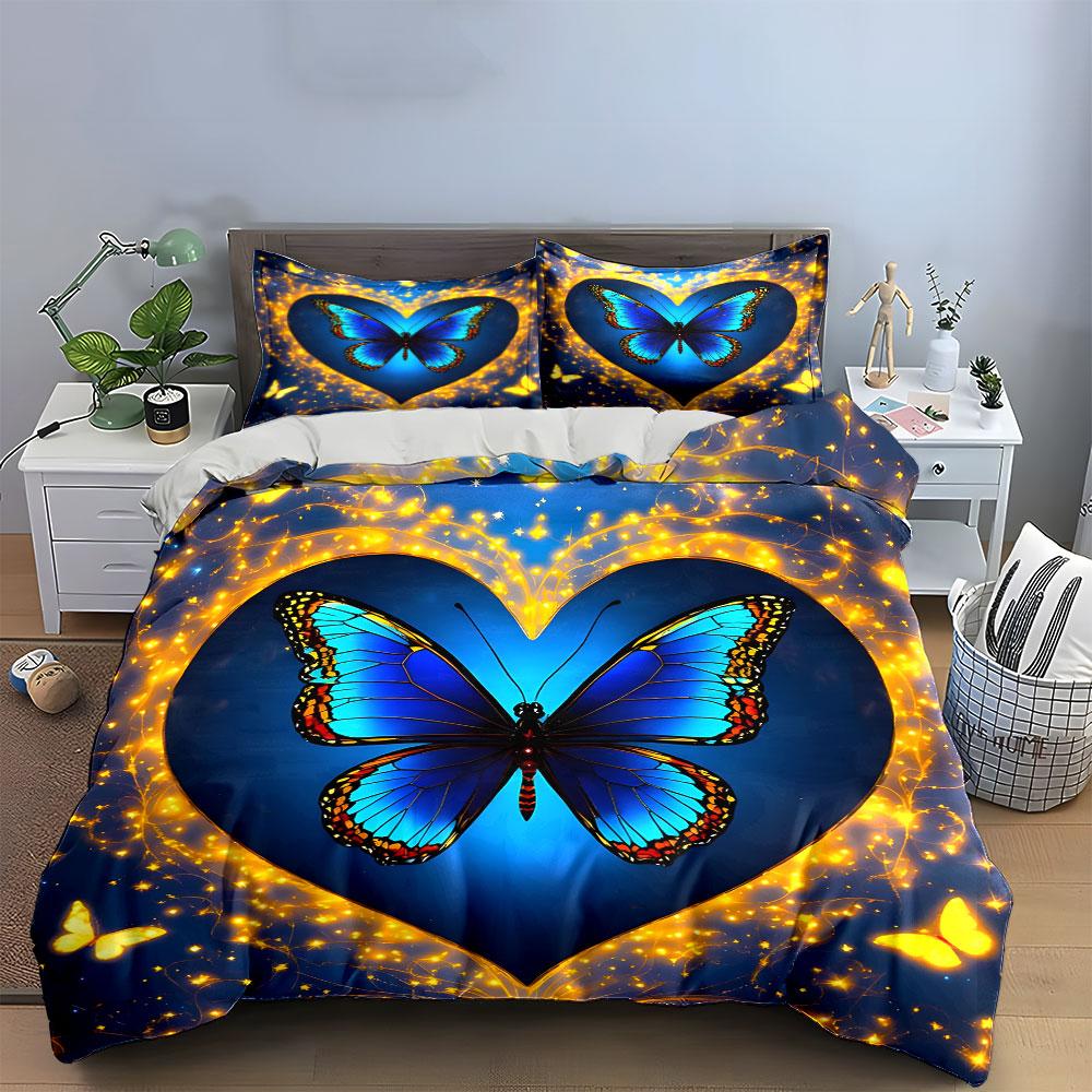 Blue Butterfly Heart Design Set Exquisite Three-Piece Bedding Set Gift For Kids And Adults