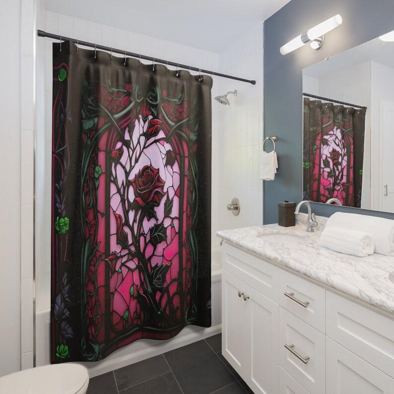 Gothic Stained Glass Rose Halloween Shower Curtain With Spooky Pattern, Waterproof Horror Bathroom Decor For Haunted Theme