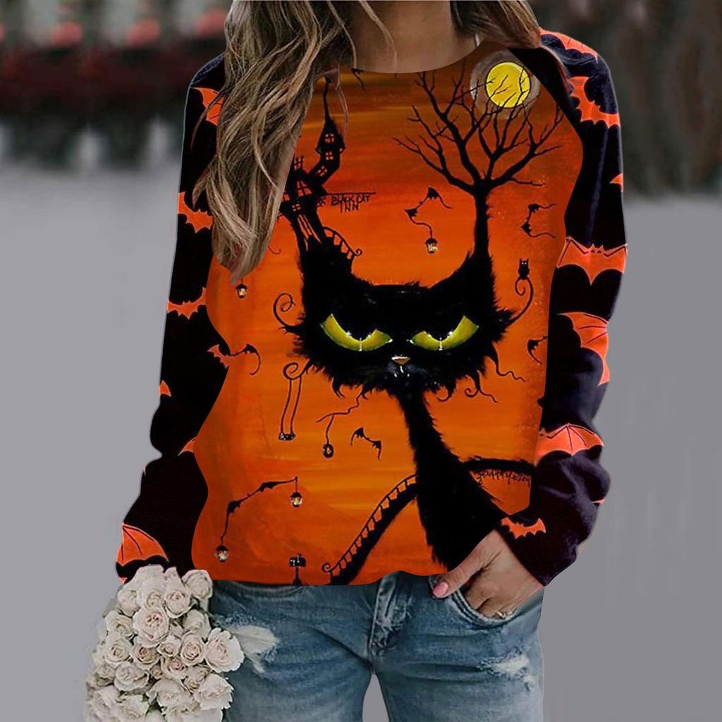 Dames avslappet mote Halloween-trykk langermet genser T-skjorte topp