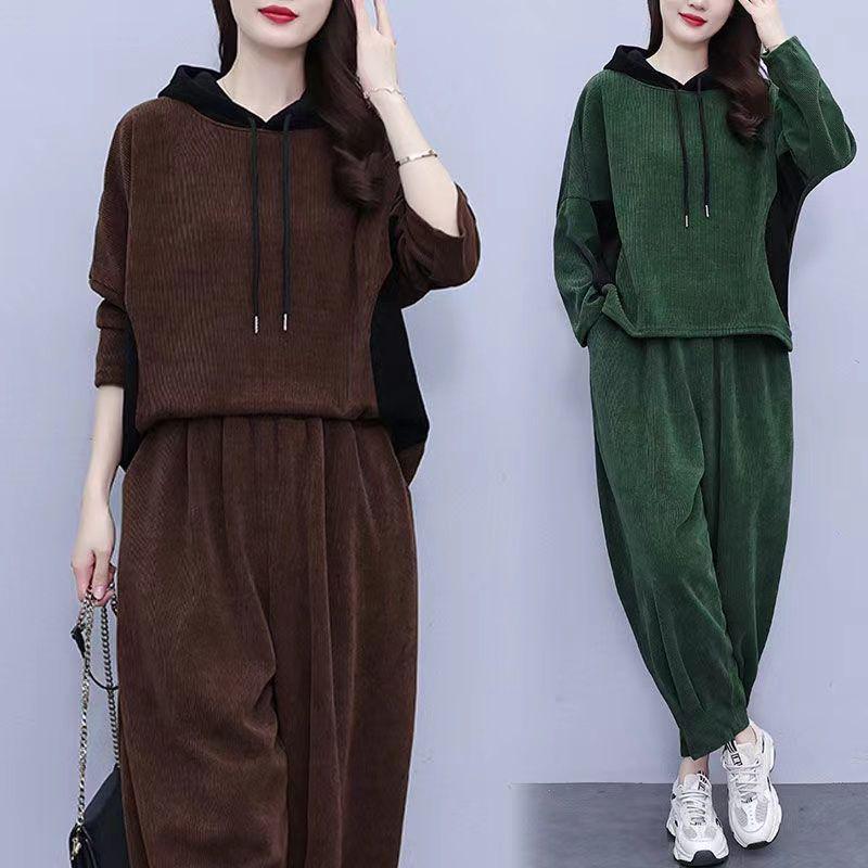 Autumn Plus Size Hooded Corduroy Fashion Set - Slimming Two-Piece for Casual Wear
