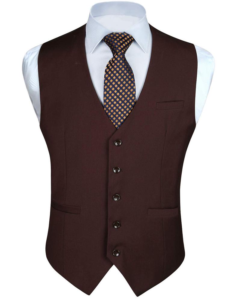 HISDERN Suit Wedding Business Stylish with Slim Formal Wear Men's Vest, Vest, Vest, V-Neck Buckle, Fit, (Brown/XL) V-01