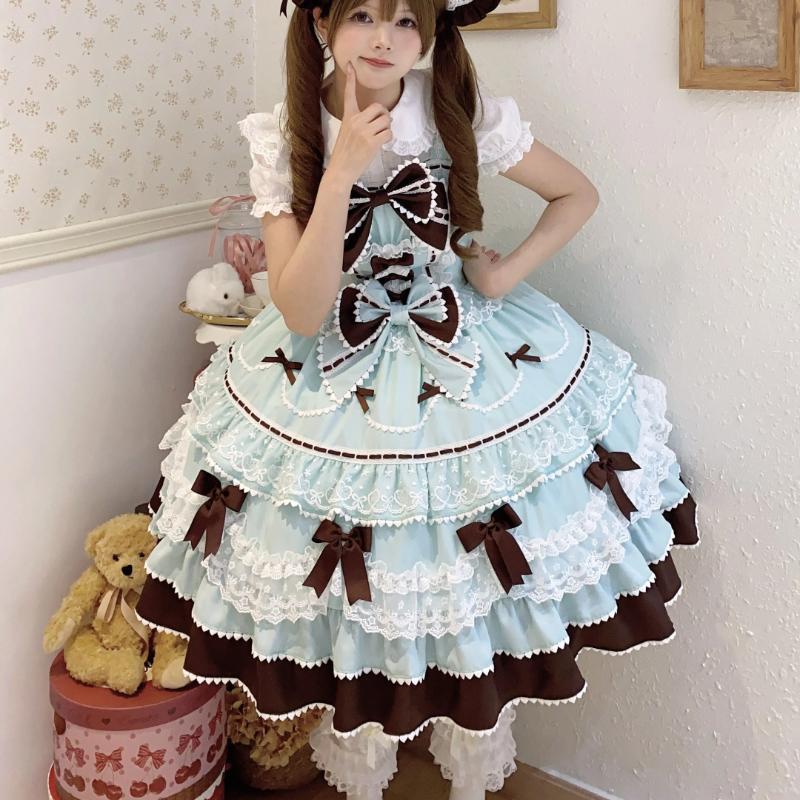 Summer Original Sweet Lolita Jsk Dress Cute Bow Lace Stitching Kawaii Girls Women Elegant Slim Suspender Dresses