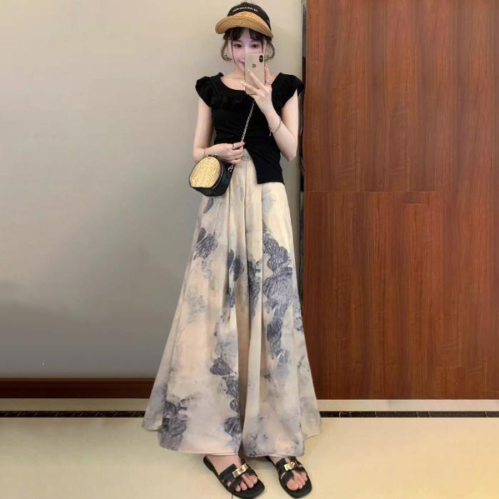 

High-Waisted Ink Print Wide-Leg Skirt Pants, Women s Plus Size, Summer Casual, Drapey & Slimming Style 3XL [Suggested 161-180 Jin]