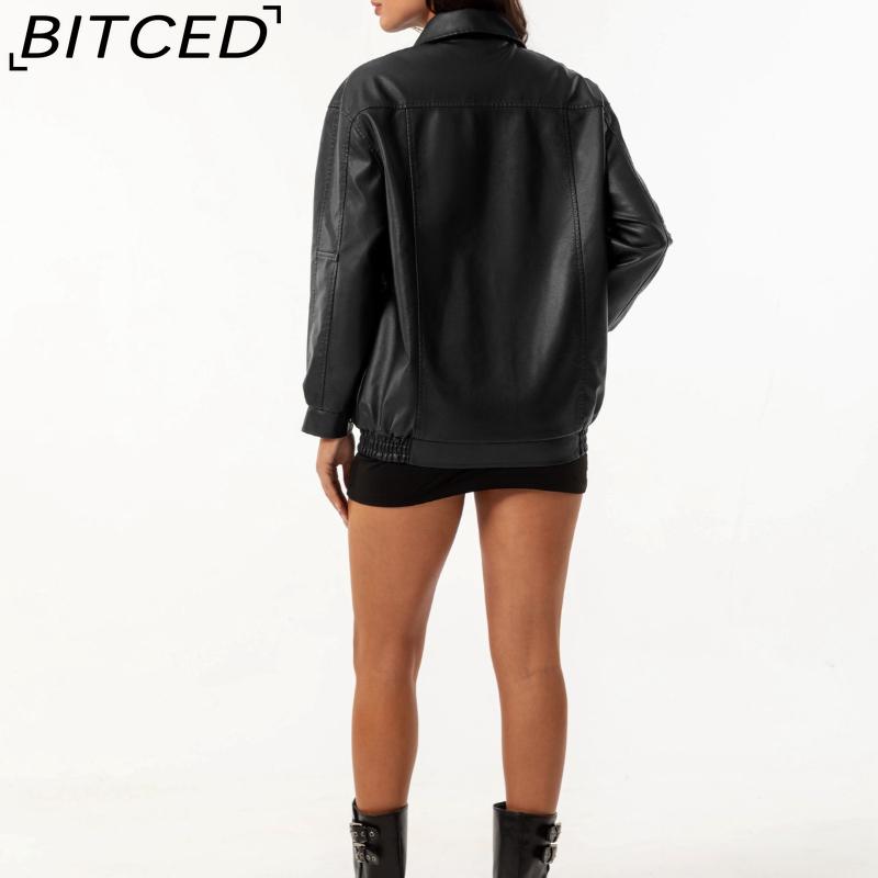 BITCED Fashionable Oversized Leather Jacket for Women Long-Sleeve Collared Spring/Fall Coat