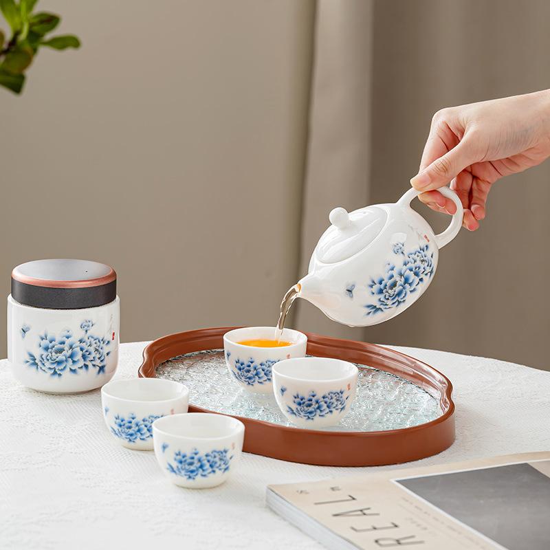 Retro Guochao Suet Jade Tianxiang Peony Travel Tea Set Small Set Portable Kuaike Cup Outdoor Camping Tea Pot