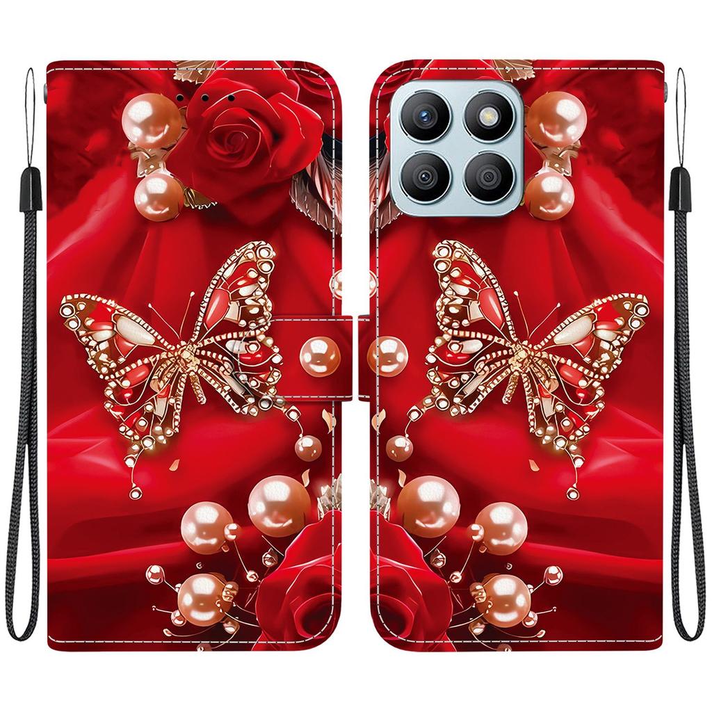 Handmade PU Leather Flip Case for Honor X8b Anti-Slip Shockproof Cover with Wrist Strap & Heart/Rose Cat Designs