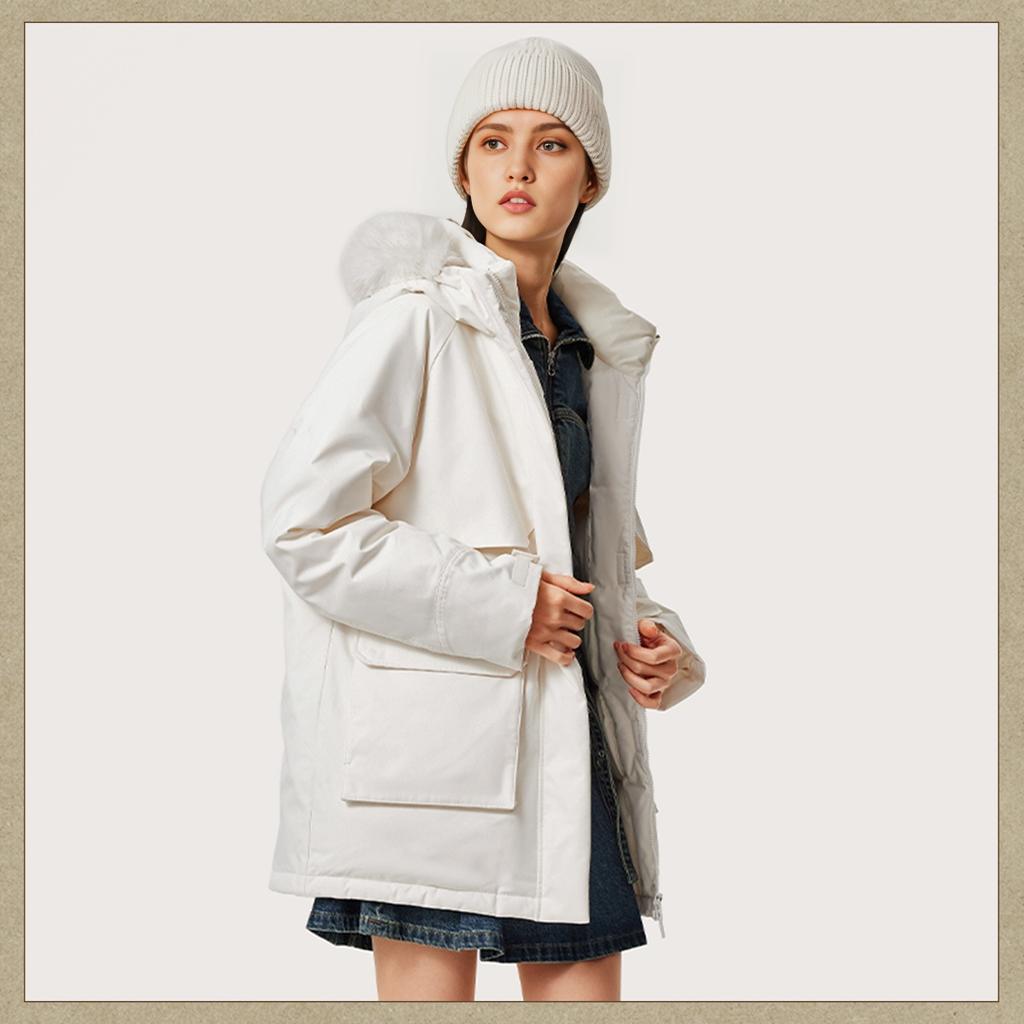 Li Ning Sports Lifestyle Series Solid Color Mid-Length Zipper Long Sleeve Down Jacket Women Outerwear Off-White AYMU190-5