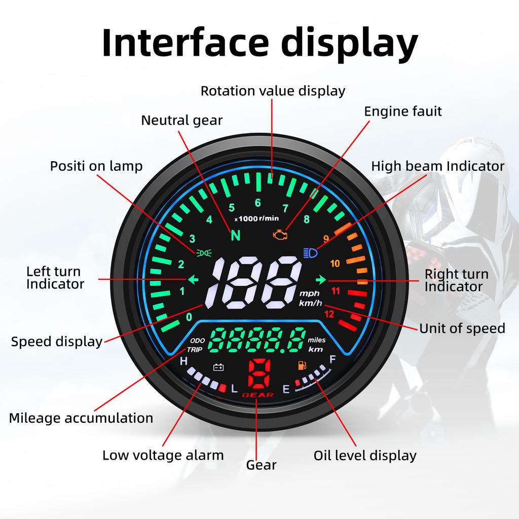 Motorcycle Universal Speedometer for Suzuki GN125 Digital Dashboard Meters 0~12000 RPM Kmh/mph Alarm Display Gear Indicator