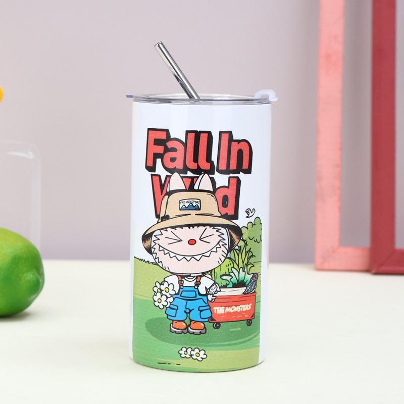 Cartoon Straw Cup Thermos Cup High Value Portable Coffee Cup Ice American Large Capacity Straight Cup