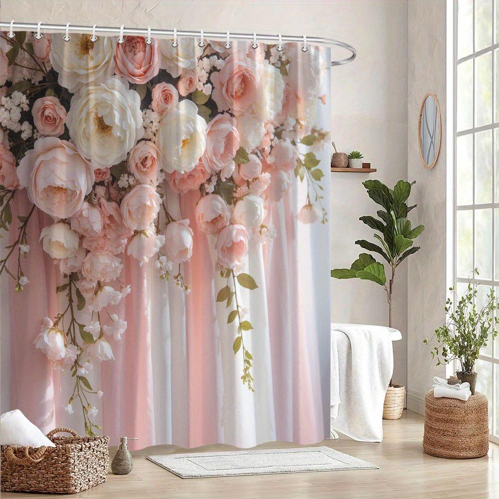 1pc Romantic Pink Peonies Floral Bath Curtain - Elegant Dreamy Design with Soft Pastel Background, Premium Polyester Fabric