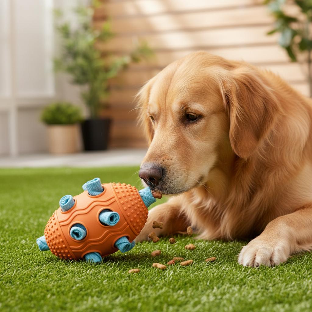 Dog Food Dispenser Football Toy for Pets Interactive Squeaky Chew Ball with Noise Maker and Sniffing Holes for Large Medium Dogs