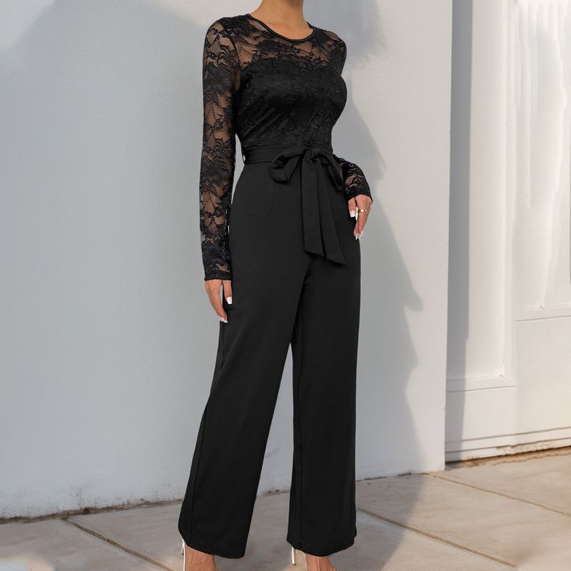 Fashion Women Jumpsuit Ladies Clothes Lace Stitching Zip-up Lace up Jumpsuit