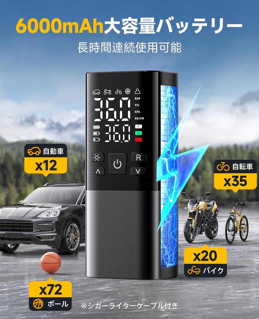 Electric Bicycle Pump for Motorcycles and Auto Maximum Pressure of 150 Fast 6000mAh Compatible with and American Style Includes Lighter LED and