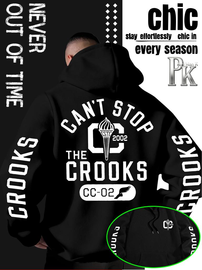 Fall/Winter Style Casual Streetwear Men's Hooded Sweatshirt, Featuring "CROOKS Letters + Torch Logo + CC-02 Logo" Print