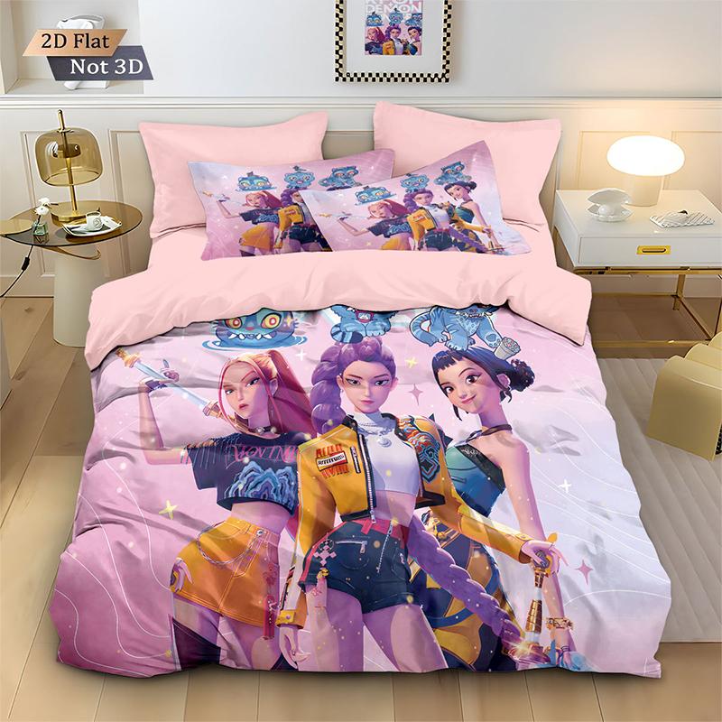 K-Pop Bedding Set Demon Hunters Themed Pink Or Black Other Side Print Polyester Student Dormitory Duvet Cover Boys Girls Gift