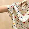 Korean Color Polka Dot Front Shoulder Short-sleeved T-shirt Women's Summer Slim and Thin Round Neck Versatile Short Top Tide