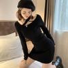 Women's Off Shoulder Long Sleeve Bodycon Short Dress Cross Straps Collar Solid Party Club Bodycon Dresses Slim Mini Dress