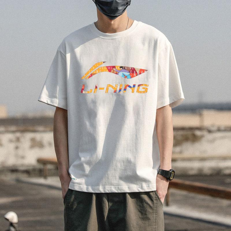 Li Ning Sports Fashion Series Letter Logo Cartoon Pattern Printed Loose Casual Short Sleeve T-Shirt Unisex Tops White AHSU837-2