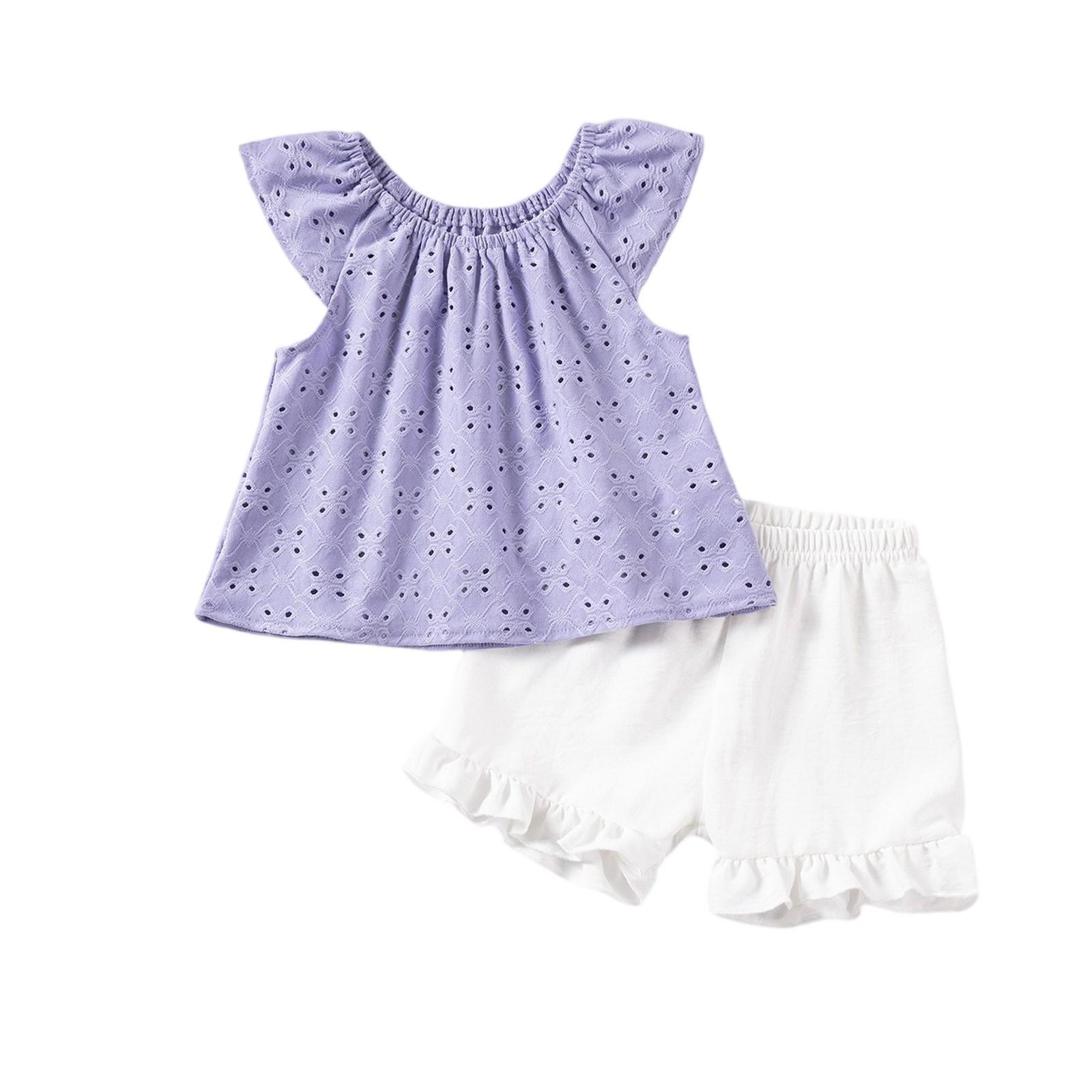 

Комплект с рукавами для девочек - Однотонный топ и шорты с оборкой 90 фиолетовый