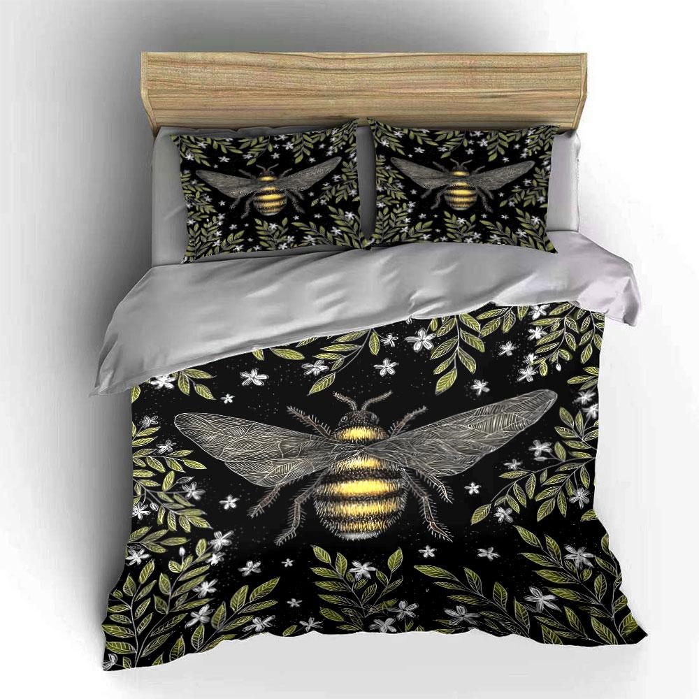 Bee And Plant Black Background Bedding Set For Kids Luxury Gift 3Pcs Digital Print Comforter Set Soft Comfortable Breathable