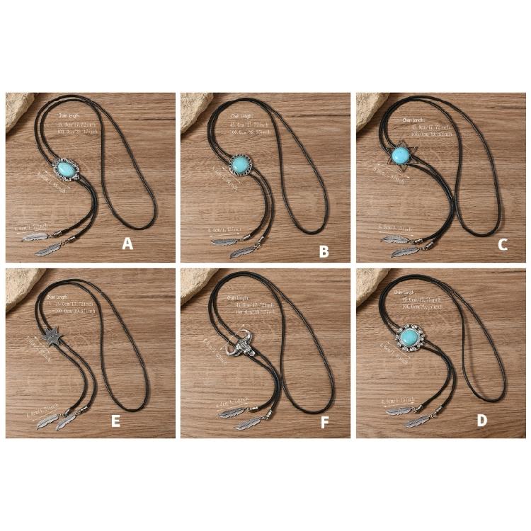 Men Women Western Cowboy Bolo Tie Vintage Turquoises Pendant Jewelry Leather Rope Necktie Tie Metal Feather Necklace