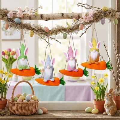 Cute Easter Bunny Pendant Colorful with Rope Faceless Decorative Handmade Craft Rabbit Gnome Ornament Home Decor