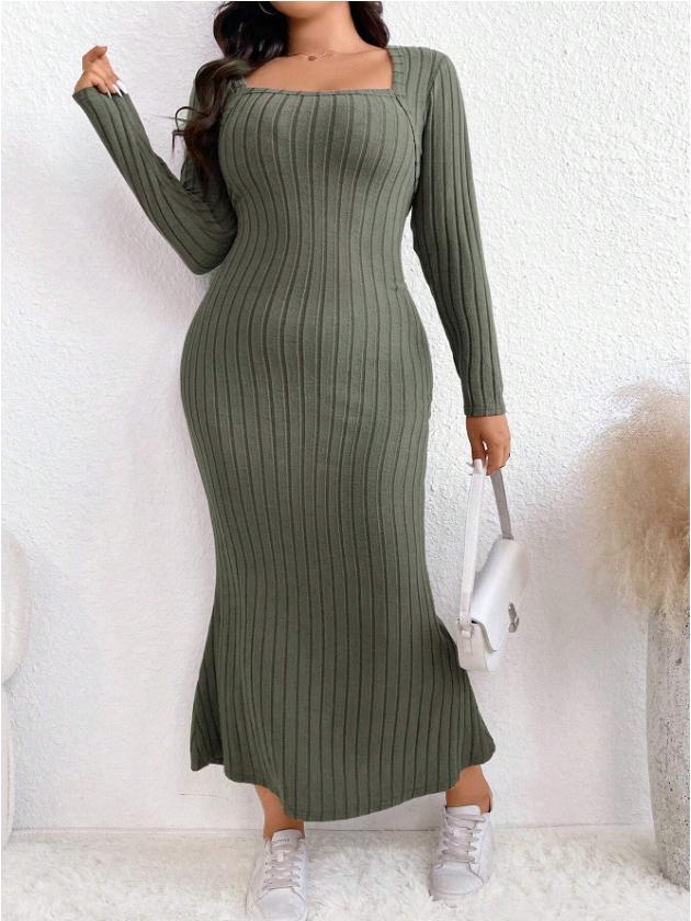 

Платье большого размера в европейском и американском стиле с квадратным вырезом, из рубчатого трикотажа, с юбкой «рыбий хвост» 2XL зелёный