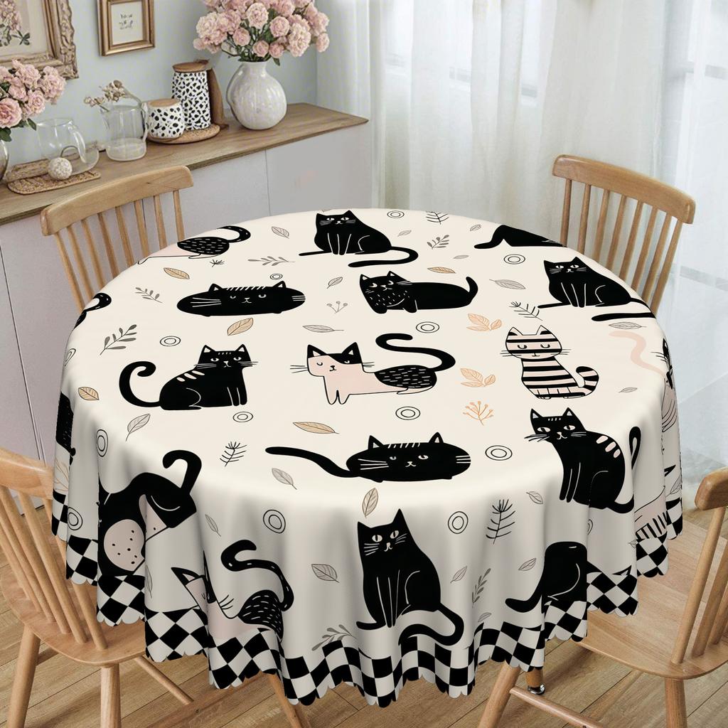 Simple Cartoon Cat, Black And White Plaid Pastoral Round Tablecloth, Household Table Cloth, Restaurant Decorative Cloth