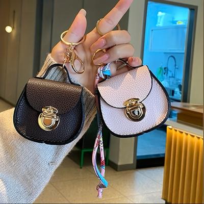 Mini Saddle Bag Keychain with Premium Silk Scarf -Lightweight Faux Leather Coin Purse, Golden-Toned Clasp, Zippered(Scarf Color May Vary)