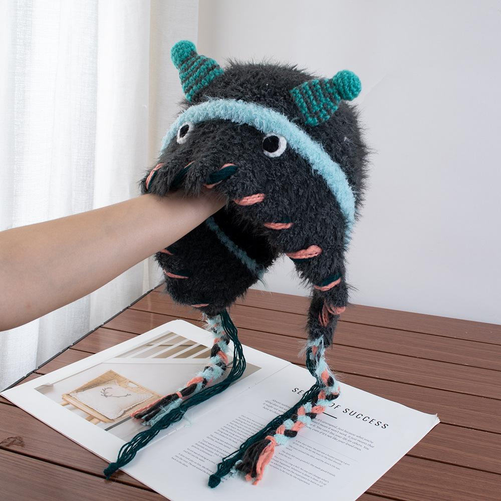 Cartoon Little Monster Woolen Hat Female Autumn and Winter Fringed Braid Headgear Warm Ear Protection Lei Feng Hat