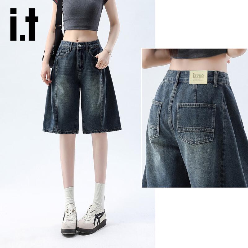 Izzueit Women's American Retro Washed Denim High-Waist Bermuda Shorts