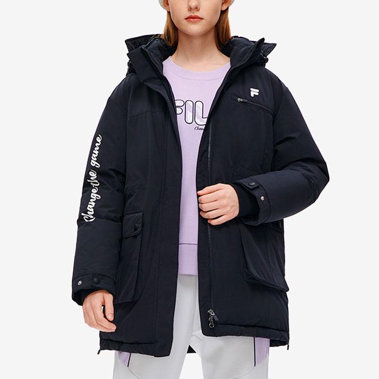 Fila Fusion Logo Print Fashion Goose Down Long Down Jacket Women outerwear Deep-Black T11W241917F-BK