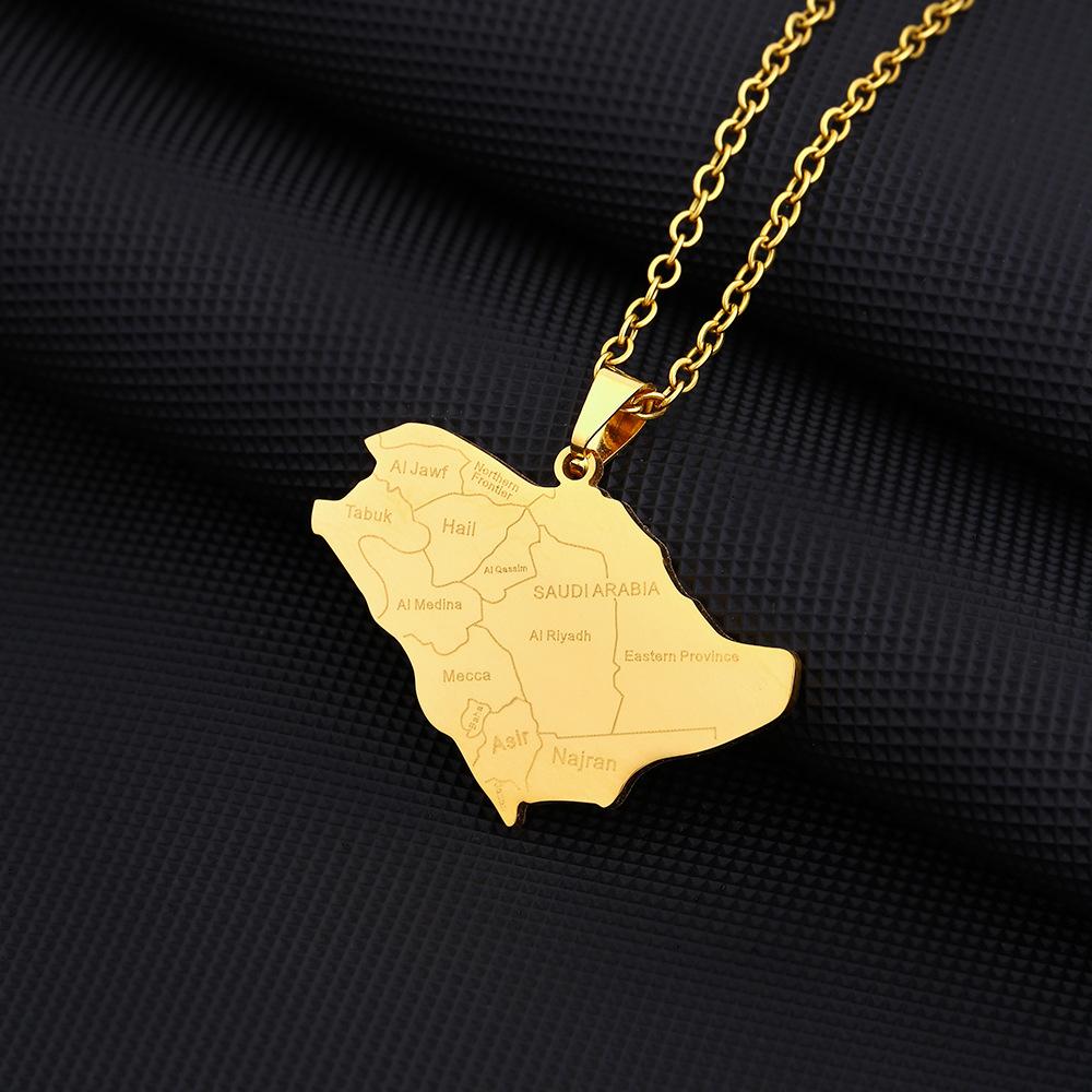 HY Saudi Arabia Map Stainless Steel Pendant Necklace with Medina & Mecca City Names for Wedding Party Gifts Saudi Jewelry 18inches