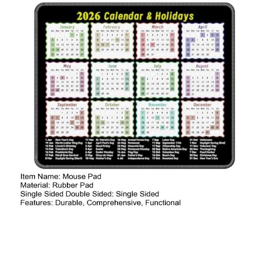2026 Schreibtischkalender Mauspad Rutschfest Praktischer Datumsplaner mit Jahresübersicht & US-Feiertagen