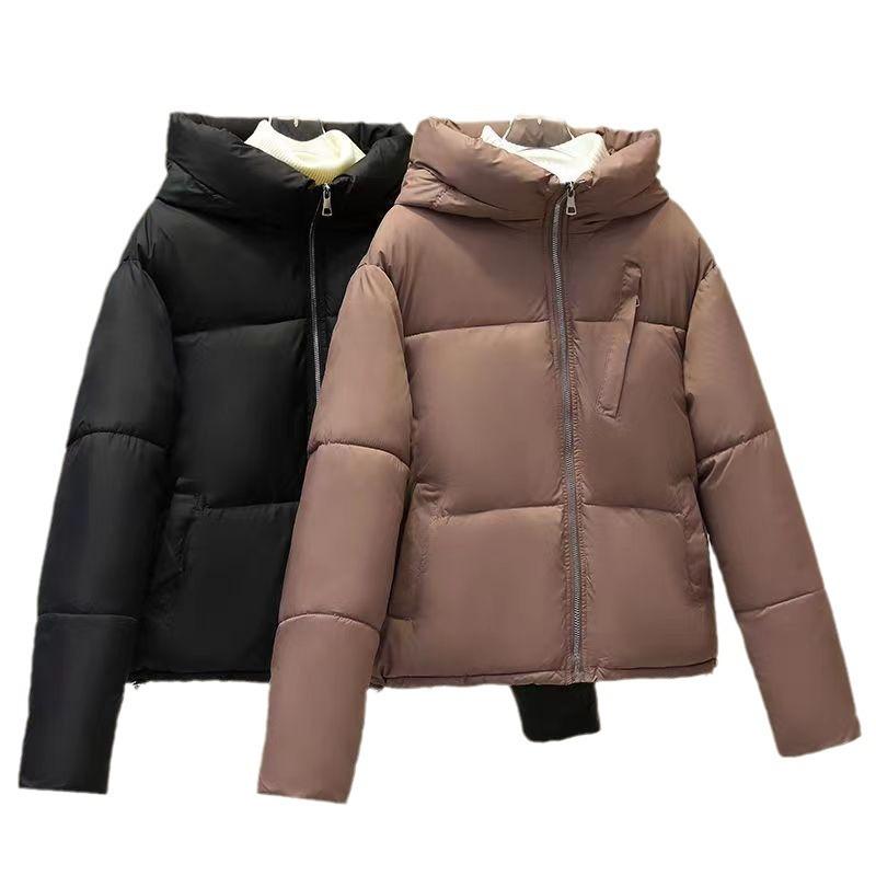 New short solid color women's pocket jacket thickened warm trend hooded small women's cotton clothes