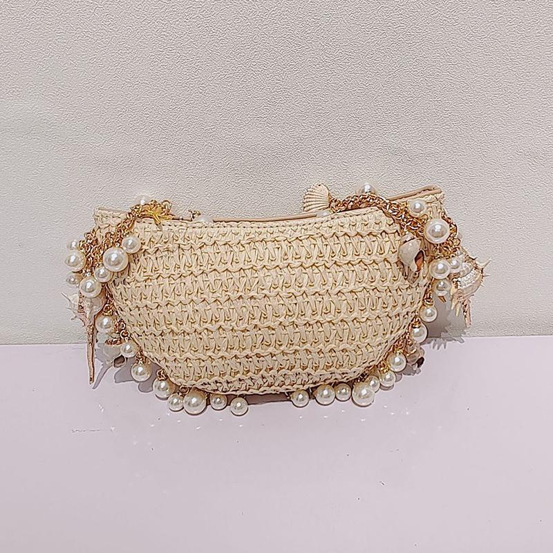 Yogodlns Women's Bohemian Straw Bag Pearls Shell Hand-Woven Handbags Handwoven Conch Starfish Beach Bag Rattan Half Moon Shoulder Bags