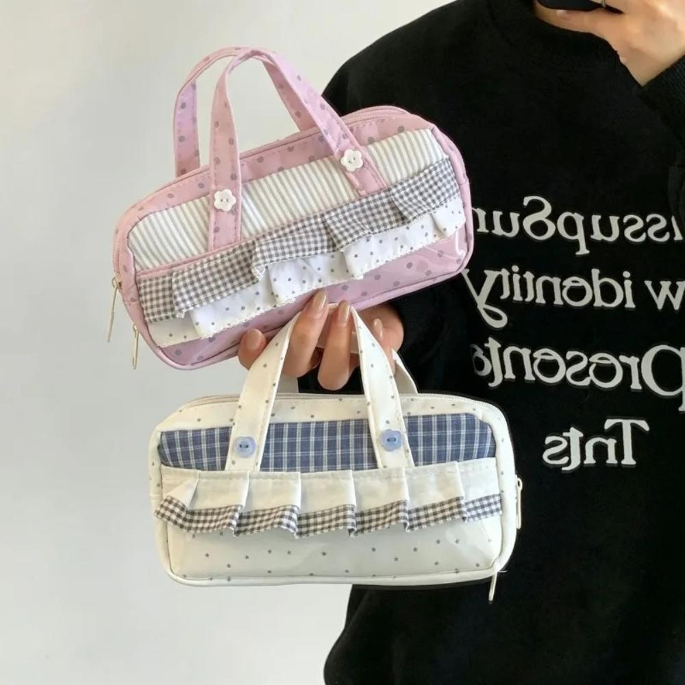 Pink Plaid Polka Dot Pencil Case Large Capacity Multi-Layer Pen Pouch for Middle School Girls Handheld Stationery Organizer