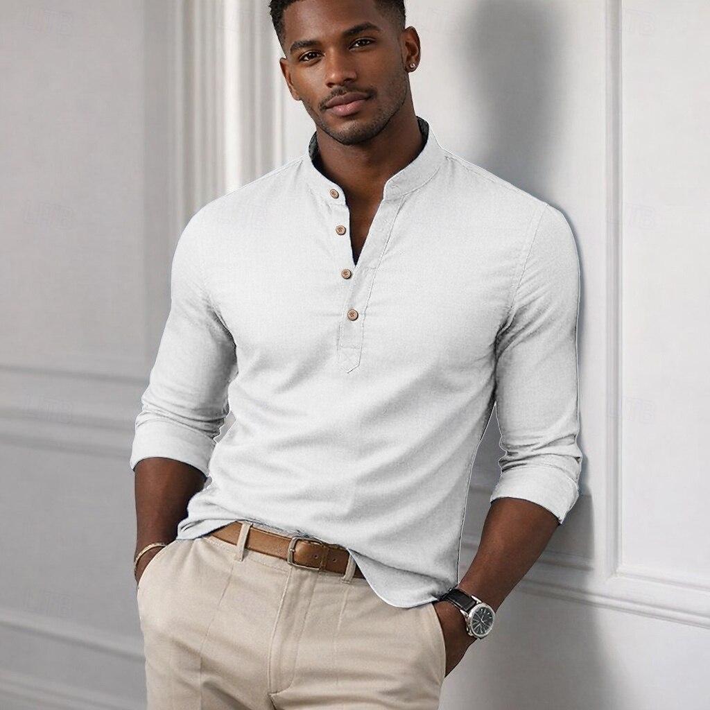 Mens Stretch Solid Color Long Sleeve Stand Collar Casual Henley Shirt S